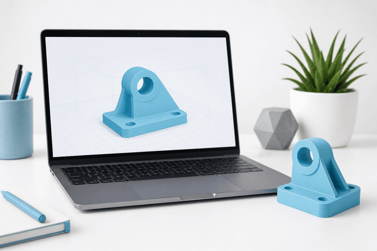 Laptop z gotowym projektem 3D i wydrukowanym elementem