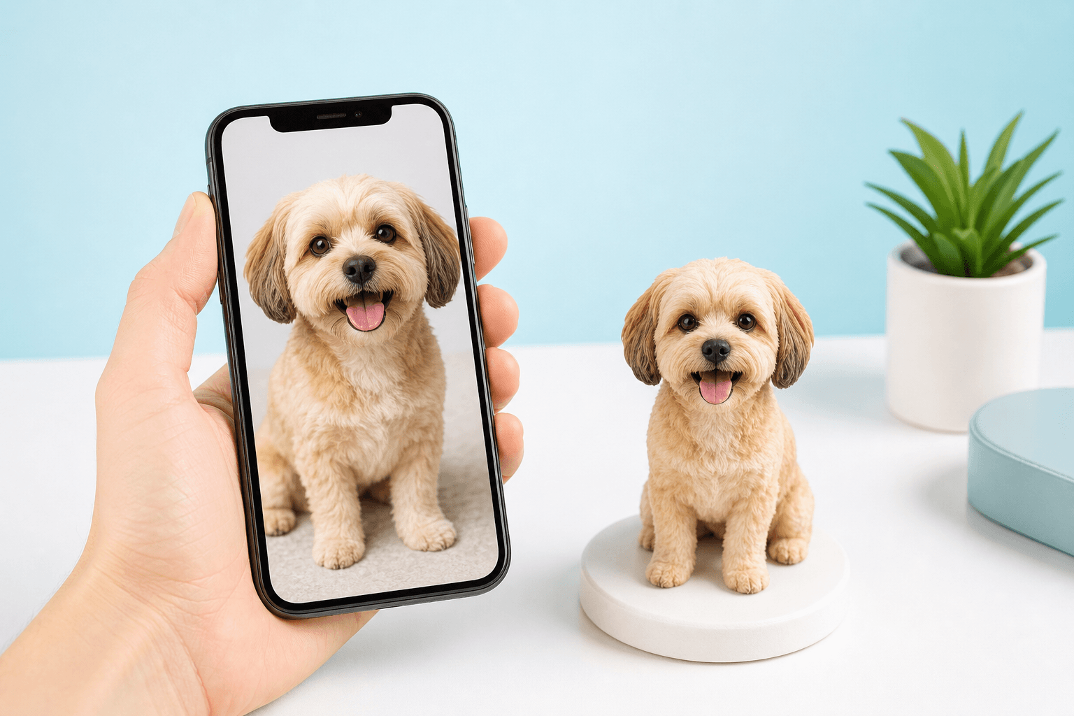 Zdjęcie psa na telefonie i przykładowa figurka 3D